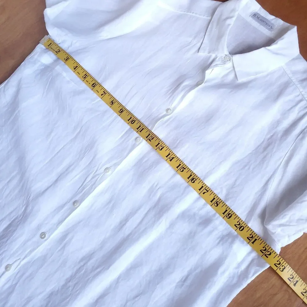 100% Linen White Button Up Tunic Shirt Womens L Minimalist Lagenlook 3/4 Sleeve
